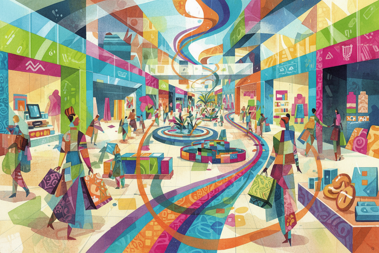 de acuerdo al logo hace una imagen abstracta de realizar compras en el mall